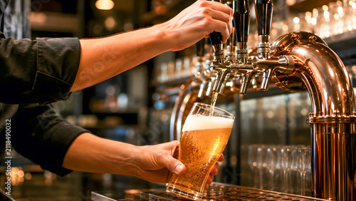 Bartender pouring fresh beer into glass at stylish bar counter  