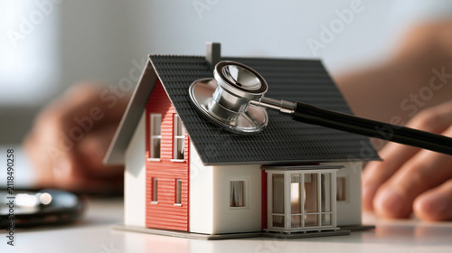 Home Health Check: A miniature house with a stethoscope draped over its roof symbolizes health and safety checks for residential properties, suggesting thorough inspection and care.