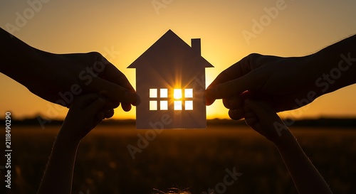 Silhouetted Hands Holding Paper House at Sunset with Warm Backlighting