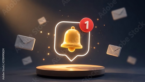 Glowing notification bell icon with unread indicator hovering over wooden podium with flying envelopes