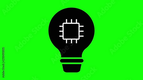 Animated Light Bulb with Microchip Icon, AI Innovation and Smart Idea Concept, Black Lightbulb Symbol on Green Screen Background