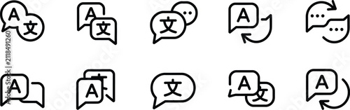 Bild auf Leinwand Language Translation Icon Set featuring multilingual communication symbols, translation tools, global language concepts, website interface elements, and editable vector illustrations