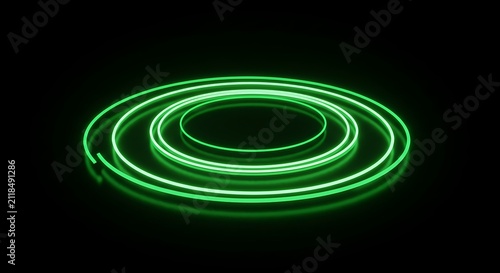 Neon Green Circular Light Rings on Black Background Futuristic Technology Visual