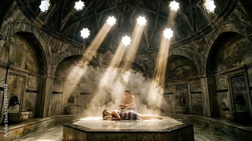 Couple Relaxing in Steam Filled Historic Turkish Bath With Arched Ceiling and Warm Lighting