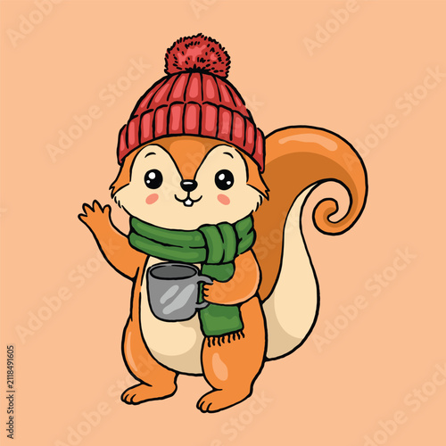 Squirrel Holding Coffee Cute Winter Cartoon Clipart