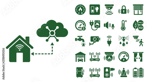 Cloud infrastructure icons represent connected residential automation systems for modern living.
