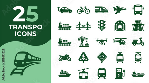 Transportation icons set display various vehicles and infrastructure for modern urban.
