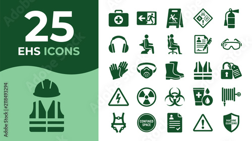 Safety icons display essential equipment and hazard warnings for industrial workplace.