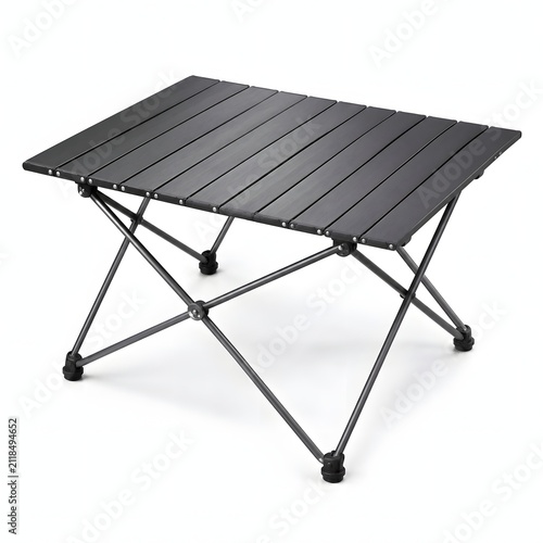 Studio shot of a black collapsible aluminum camping table isolated on a white background suitable for outdoor furniture catalogs picnic equipment stores and travel marketing.