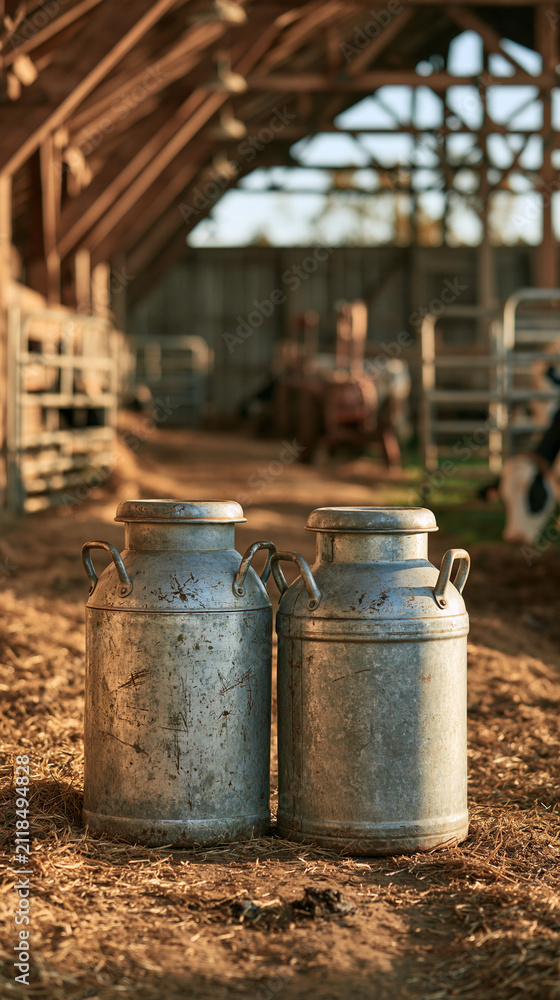 Obraz premium Rustic Milk Cans in Barn: Two vintage metal milk cans stand proudly on the straw-covered floor of a sun-drenched barn, evoking a sense of nostalgic farm life and traditional dairy production.
