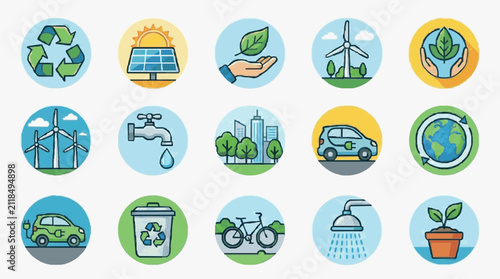 Professional Colorful Set of 15 Eco Friendly and Sustainable Living Icons with Recycling Renewable Energy and Green Transportation Symbols