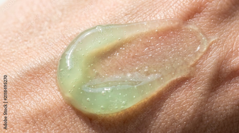 Fototapeta premium Close-up of clear cosmetic gel being applied to skin texture.