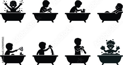 Foto Children Bath Time Silhouettes Collection with Bathtub Hygiene and Play
