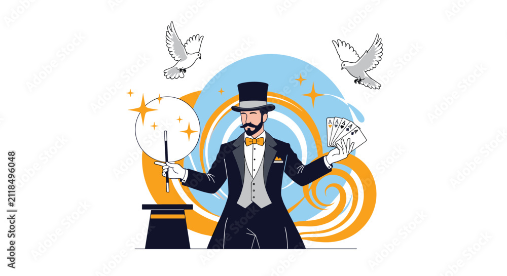 Obraz premium Professional magician in top hat performing card tricks and summoning white doves during a magical stage performance.