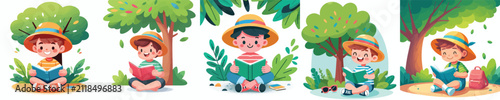 Flat vector illustration of a little boy sitting under a tree reading a book in summer
