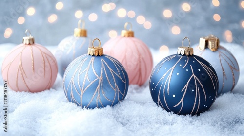 Colorful Christmas ornaments placed on snow with soft lights in background during holiday season