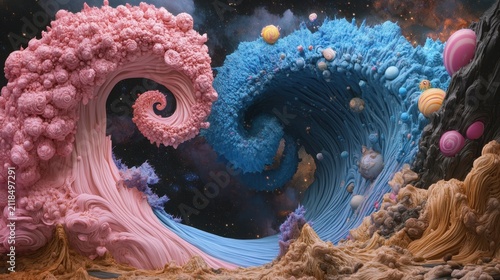 Colorful waves clash in a detailed landscape of swirling patterns and forms in space