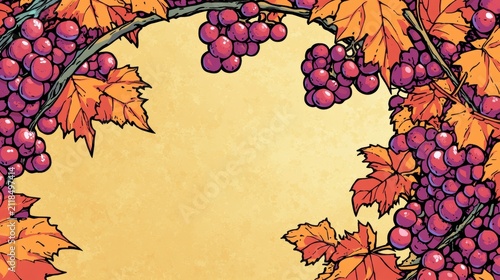 Grapes and autumn leaves create a colorful border against a plain background