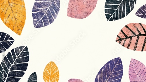 Colorful leaves arranged around a blank center on a light background