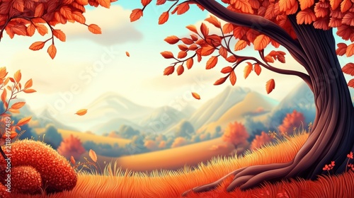 Colorful autumn scene with a tree and mountains in the background