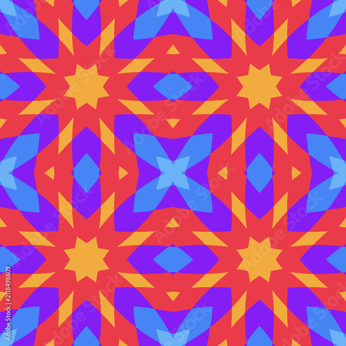 Kaleidoscope neon star flower geometric background. Vibrant psychedelic bright mandala style background, seamless pattern.