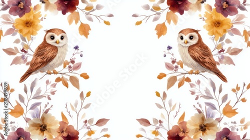 Autumnal Embrace: Two adorable owls perch amidst a whimsical frame of autumnal leaves and flowers, creating a charming and cozy border design.