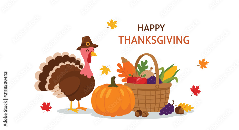 Naklejka premium Happy Thanksgiving banner with a funny turkey bird wearing a pilgrim hat next to a basket of autumn harvest fruits.