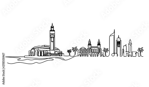 Casablanca city skyline continuous line art illustration isolated on white background