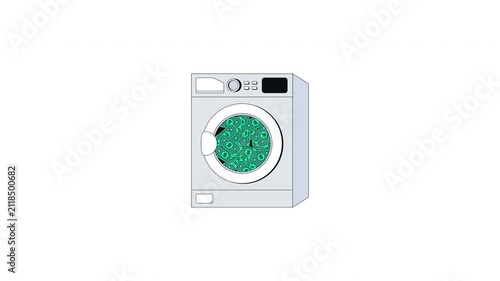 Money laundering washing machine 2D cartoon object animation. Financial crime. Illegal funds. Washer appliance filled with banknotes animated flat colorful item 4K video isolated on transparent