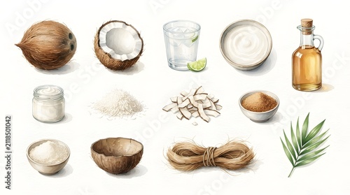 Coconut products collection Watercolor Illustration – Tropical Food and Natural Coconut Products Flat View