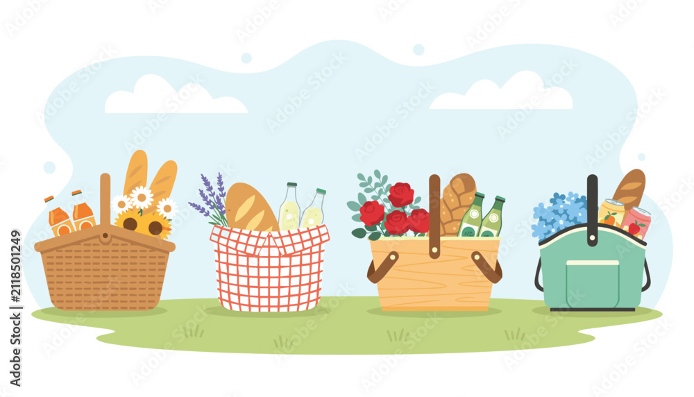 Fototapeta premium Four stylized picnic baskets filled with baguettes, flowers, and drinks are arranged on green grass under a blue sky.