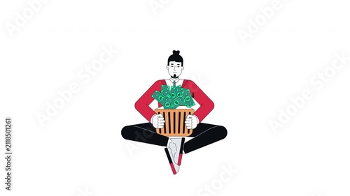 Businessman holding basket of cash 2D character animation. Corporate man sitting cross-legged with bag overflowing with banknotes animated person cartoon 4K video isolated on transparent white