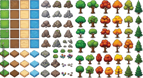 Isometric game asset kit featuring terrain tiles rocks trees and nature elements for mobile strategy game design