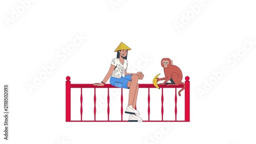 Southeast asian woman feeding monkey on railing 2D character animation. Indonesian tourist in traditional conical hat offering banana macaque animated person cartoon 4K video isolated on transparent