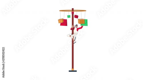 Winner reaching prize in traditional panjat pinang competition 2D character animation. Man climbing pole during Indonesia Independence Day animated person cartoon 4K video isolated on transparent