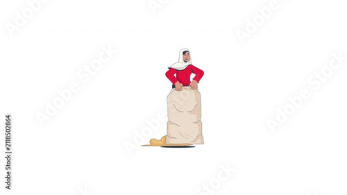 Smiling tudung woman participating in traditional sack race 2D character animation. Merdeka celebration. Recreational game contestant animated person cartoon 4K video isolated on transparent white