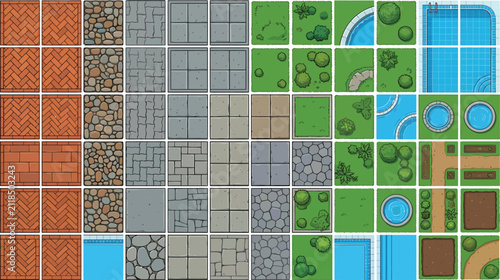 Top down garden and landscape tile set for game design featuring stone paths grass and water elements