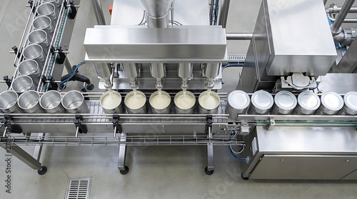 Automated canning machine filling metal cans in food factory