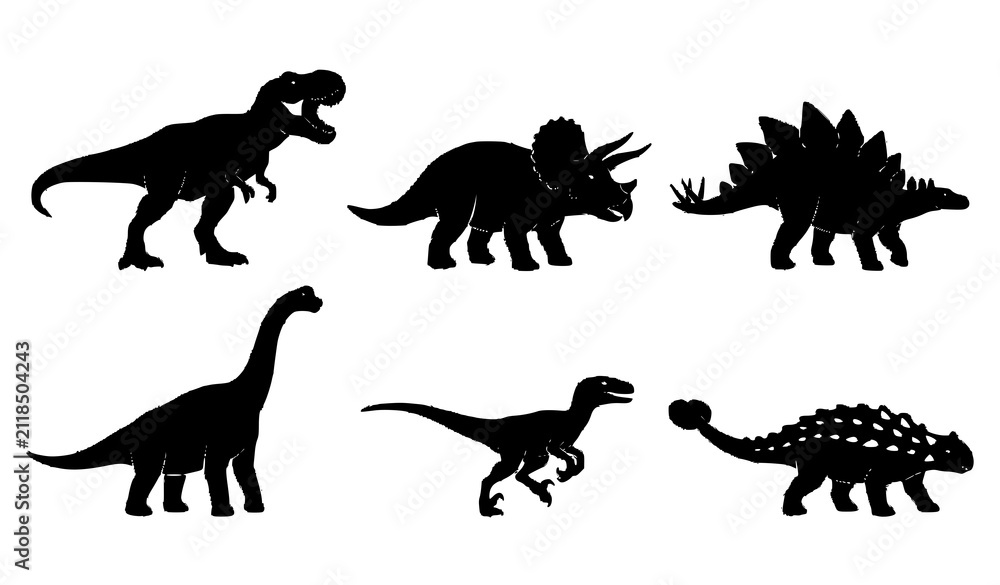 Obraz premium Six Prehistoric Dinosaur Silhouettes Black and White Vector Set with T Rex Triceratops and Stegosaurus