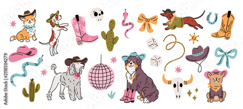 Cute cowboy dogs and western elements. Various breeds, boots, hats, lasso, cacti and wild west accessories, funny pets rodeo mood, stickers collection garish vector cartoon isolated set