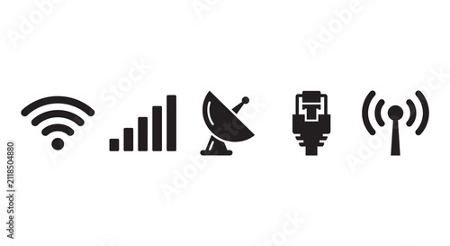 Fotografie Wireless Network Cellular Satellite Icons In Black Silhouette