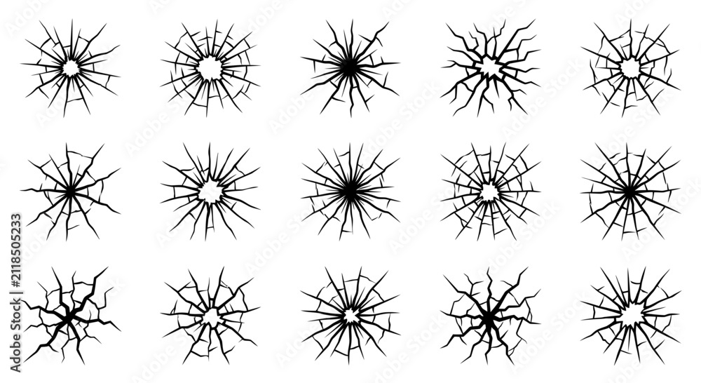 Obraz premium Set of fifteen black glass crack patterns