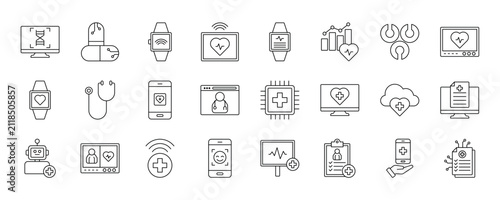 Health Tech icon collection set. Containing design technology, bio patch, health, telemedicine, medicine, data health, virtual care and more.