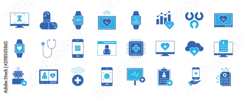 Health Tech icon collection set. Containing design technology, bio patch, health, telemedicine, medicine, data health, virtual care and more.