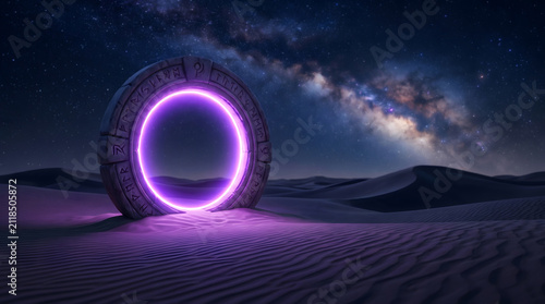 Portal, Desert. Illustration of mystical portal in the desert with dunes, milky way in the sky Generative AI