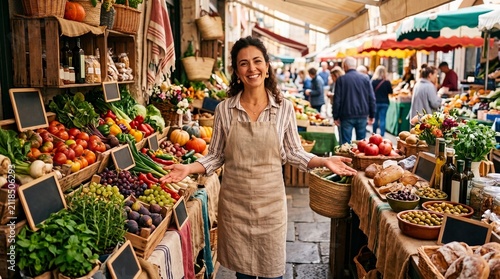 Smiling female shop owner standing with open hands presenting fresh organic vegetables and fruits at outdoor farmers market