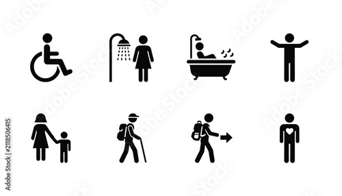 Collection of hygiene and accessibility symbols including shower, bathtub, family, and hiking, in flat black icons.