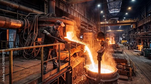 A factory employee handles automated overhead structures and production lines near molten steel streams under extreme conditions.