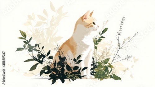Ginger Cat in Floral Arrangement: A serene ginger and white cat sits elegantly amidst a delicate arrangement of green foliage and subtle floral elements, exuding tranquility and natural beauty.