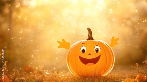 Joyful Jack-o'-lantern: A whimsical pumpkin character with a cheerful face and open arms glows warmly amidst a magical autumn setting, surrounded by bokeh lights and falling leaves.